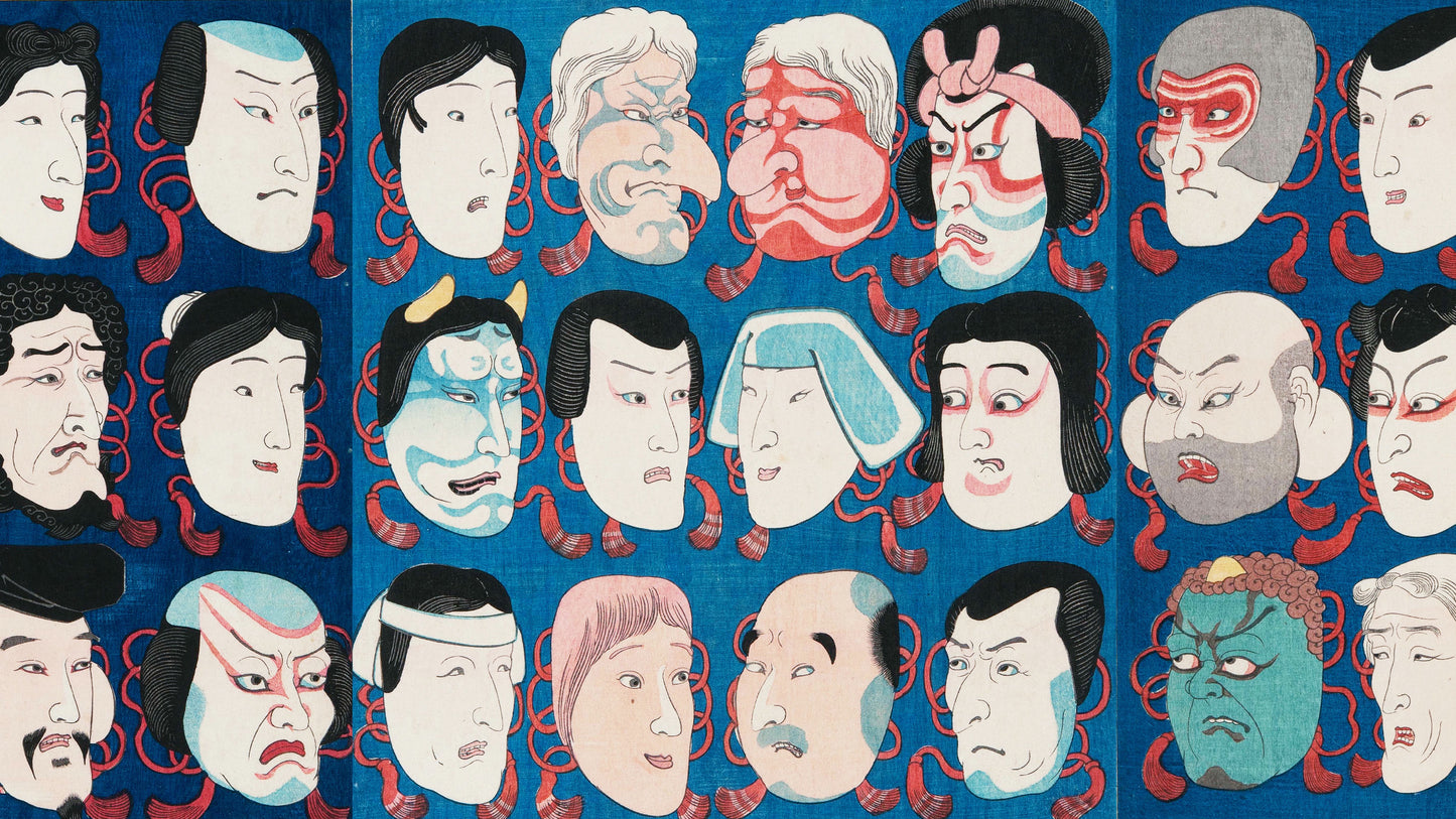 Japanese Art Ukiyo-e Frame TV 4K Artwork | A Votive Tablet With Masks Of Kabuki Actors At Face Value